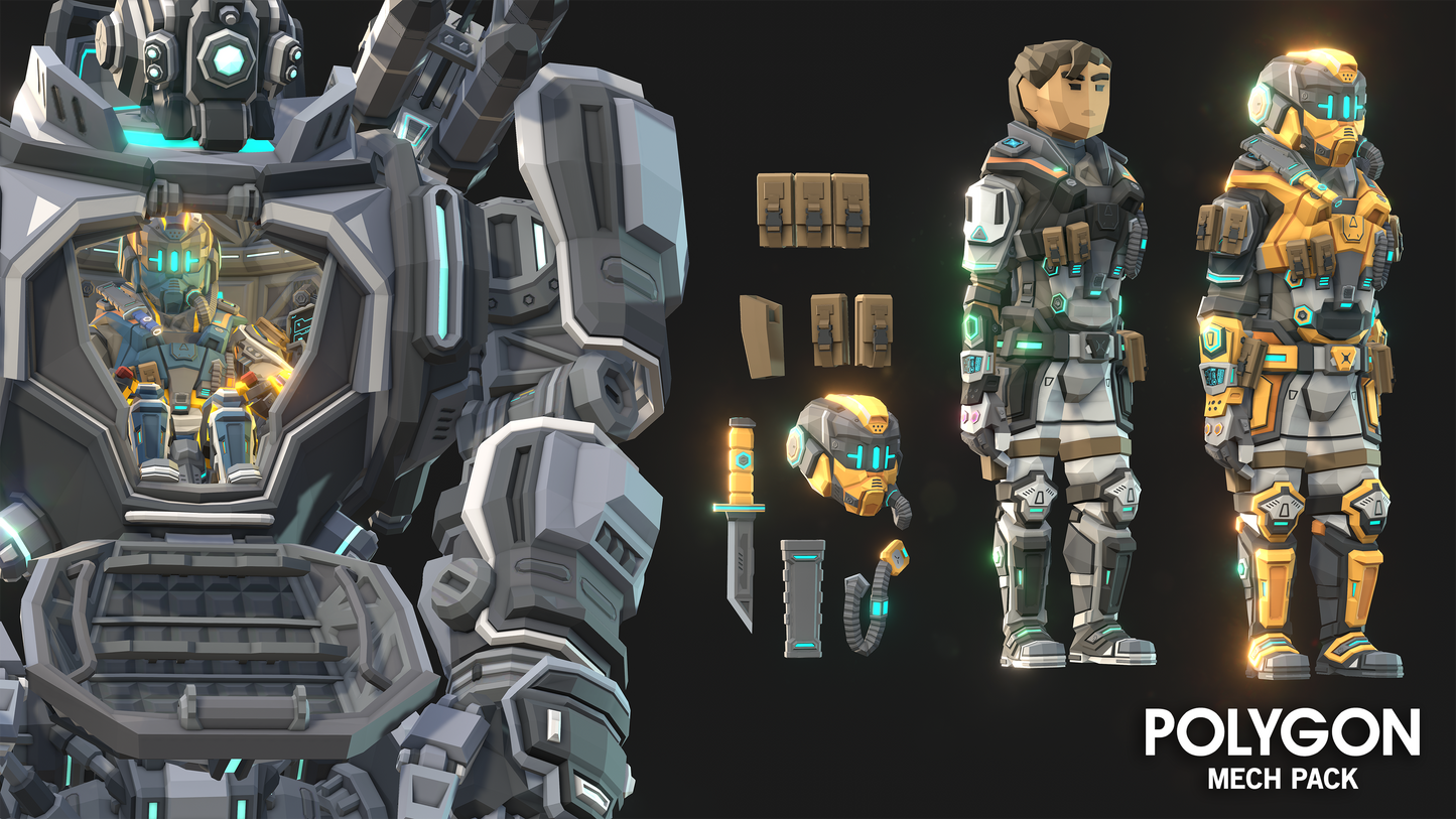 Mech giant robot suit human pilot character asset variations for their equipment