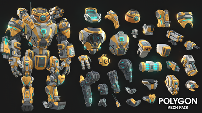 Orange mech suit and its different asset options in the POLYGON Mech Pack