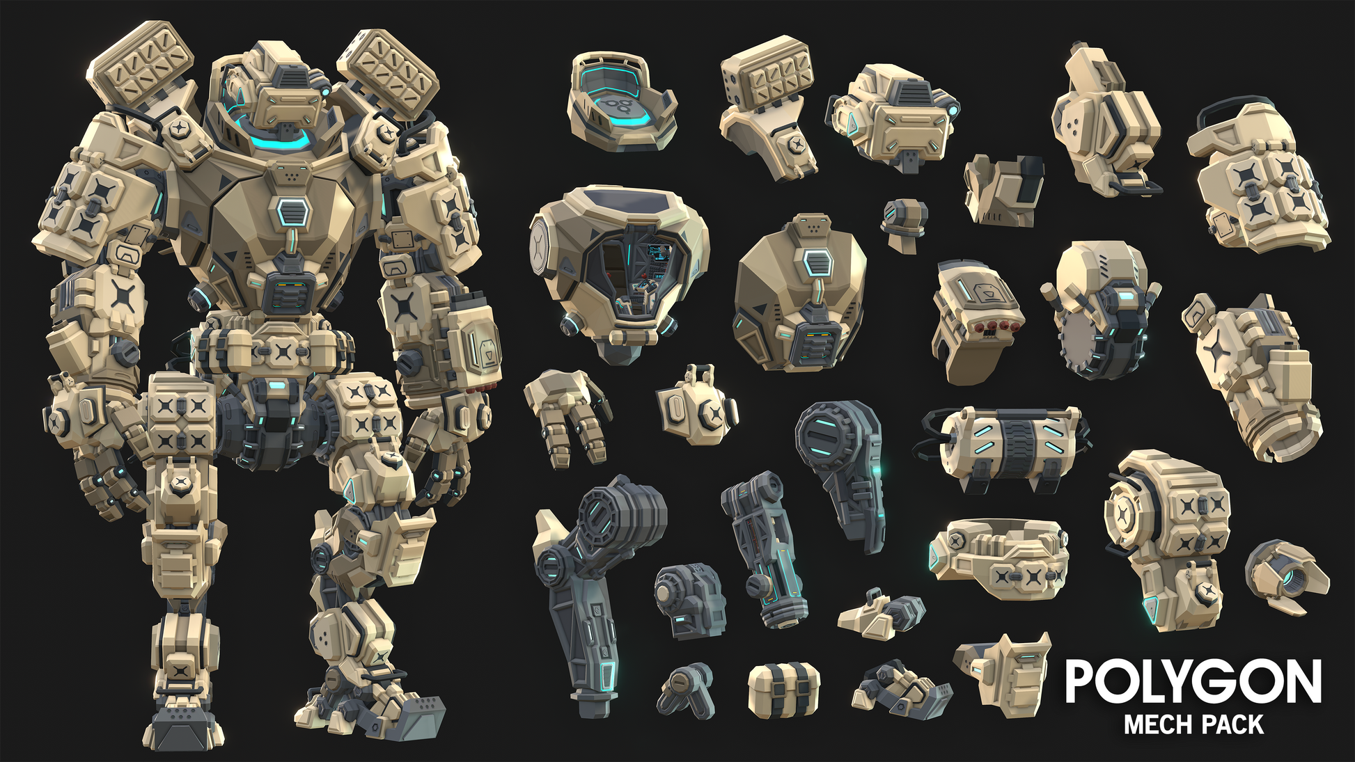 Desert mech suit and its different asset options in the POLYGON Mech Pack