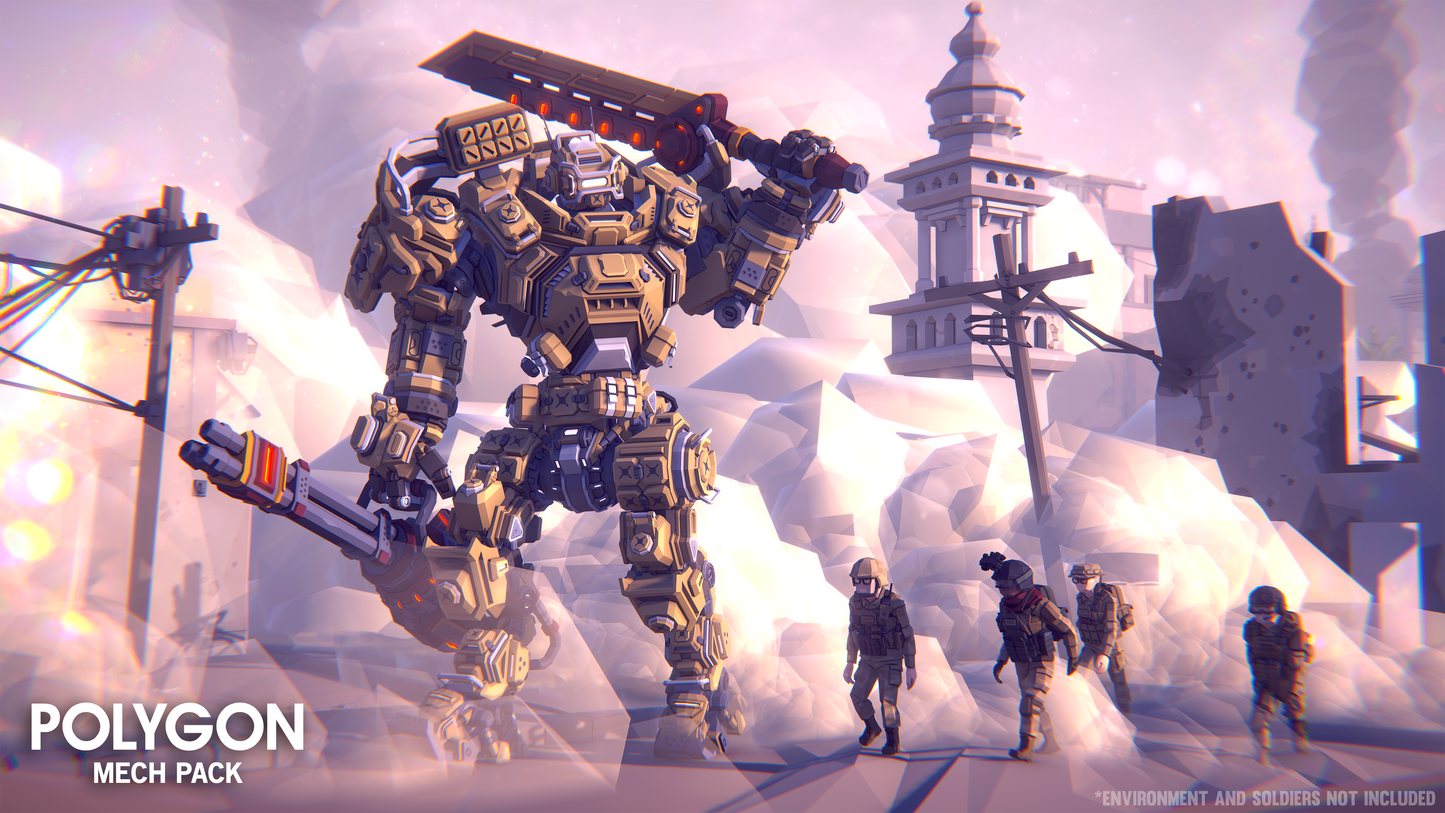 A mech suit giant robot resting a huge sword on its shoulder and holding a massive gun looks down at four soldiers walking through the ruins of a city