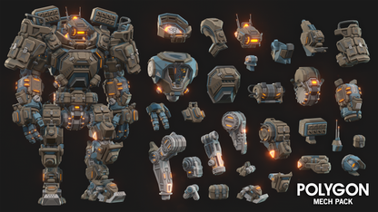 Miliary looking mech suit and its different asset options in the POLYGON Mech Pack