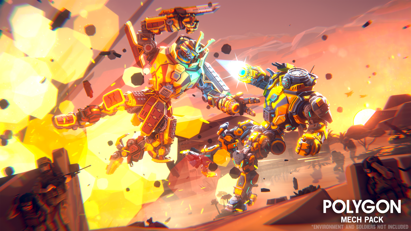 Two mech's fighting one another in the desert with soldiers hiding in the background as the two giant robot suits clash