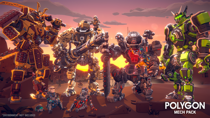 Four mech's and their human pilots standing together with the sun setting in the background