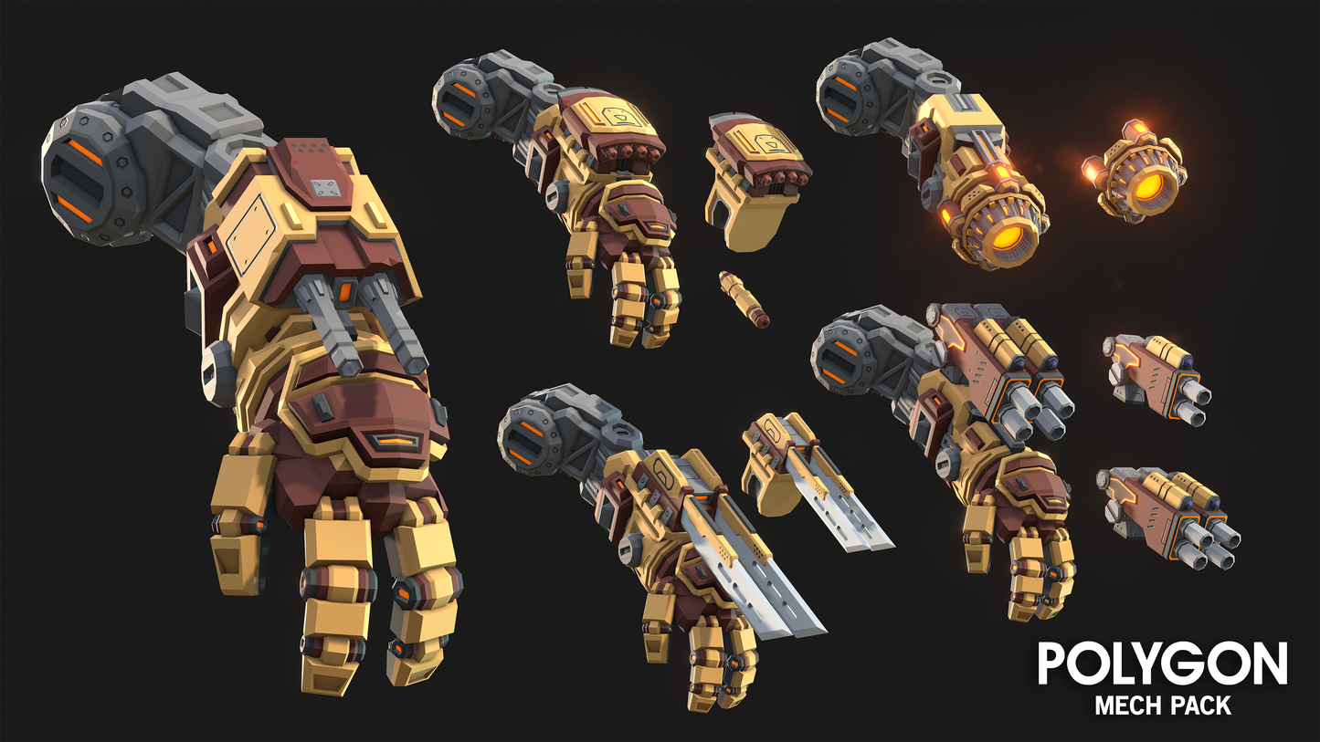 Close up view of the mech's gauntlet options including melee and ranged weapons