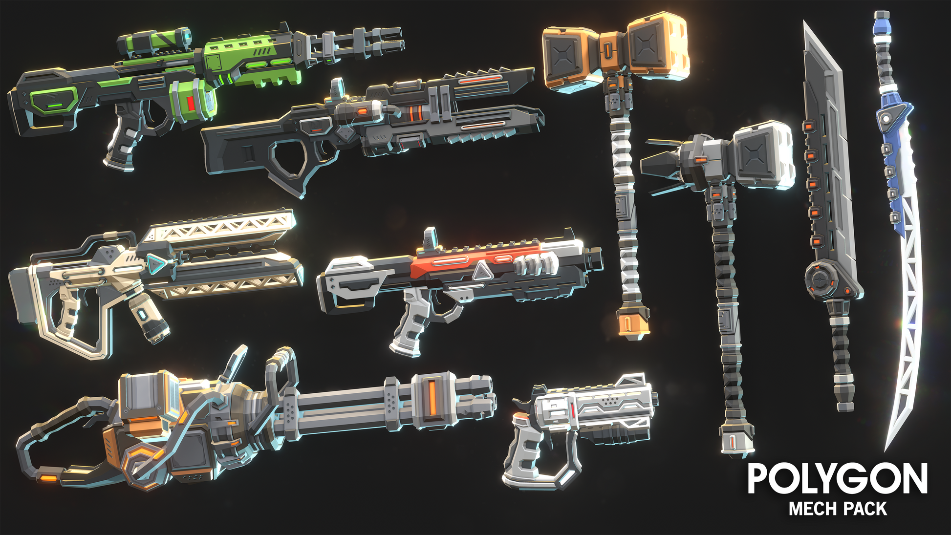 Mech robot weapon options including power swords, lasers and ballistic guns