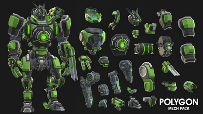 Green mech suit and its different asset options in the POLYGON Mech Pack