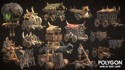 Goblin 3D game asset vehicles and seigecraft including slave wagons, hot air balloons, catapults and cannons