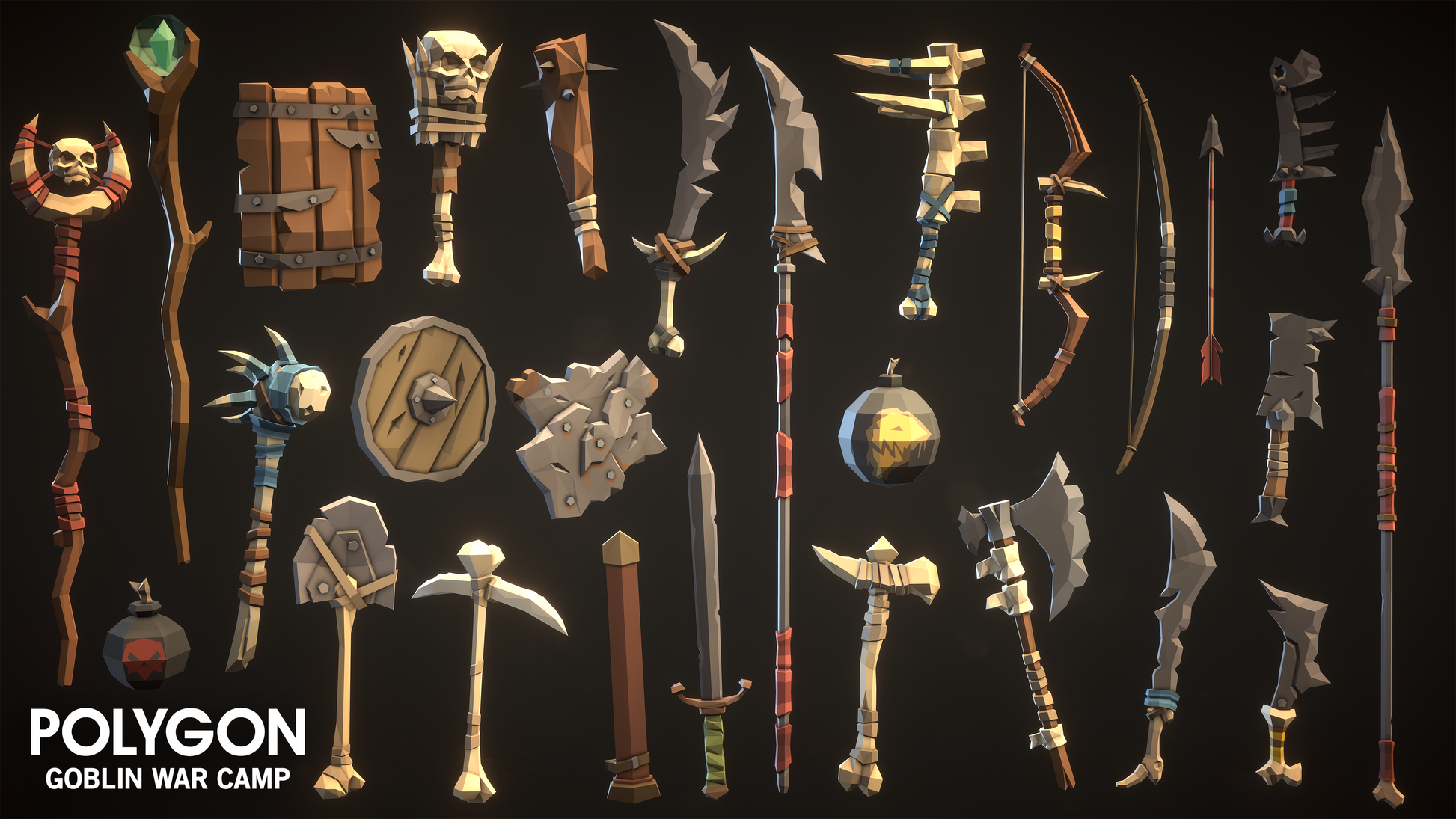 Goblin War Camp weapon 3D game assets featuring spears, bows, axes, shields, mauls and shamanic staffs