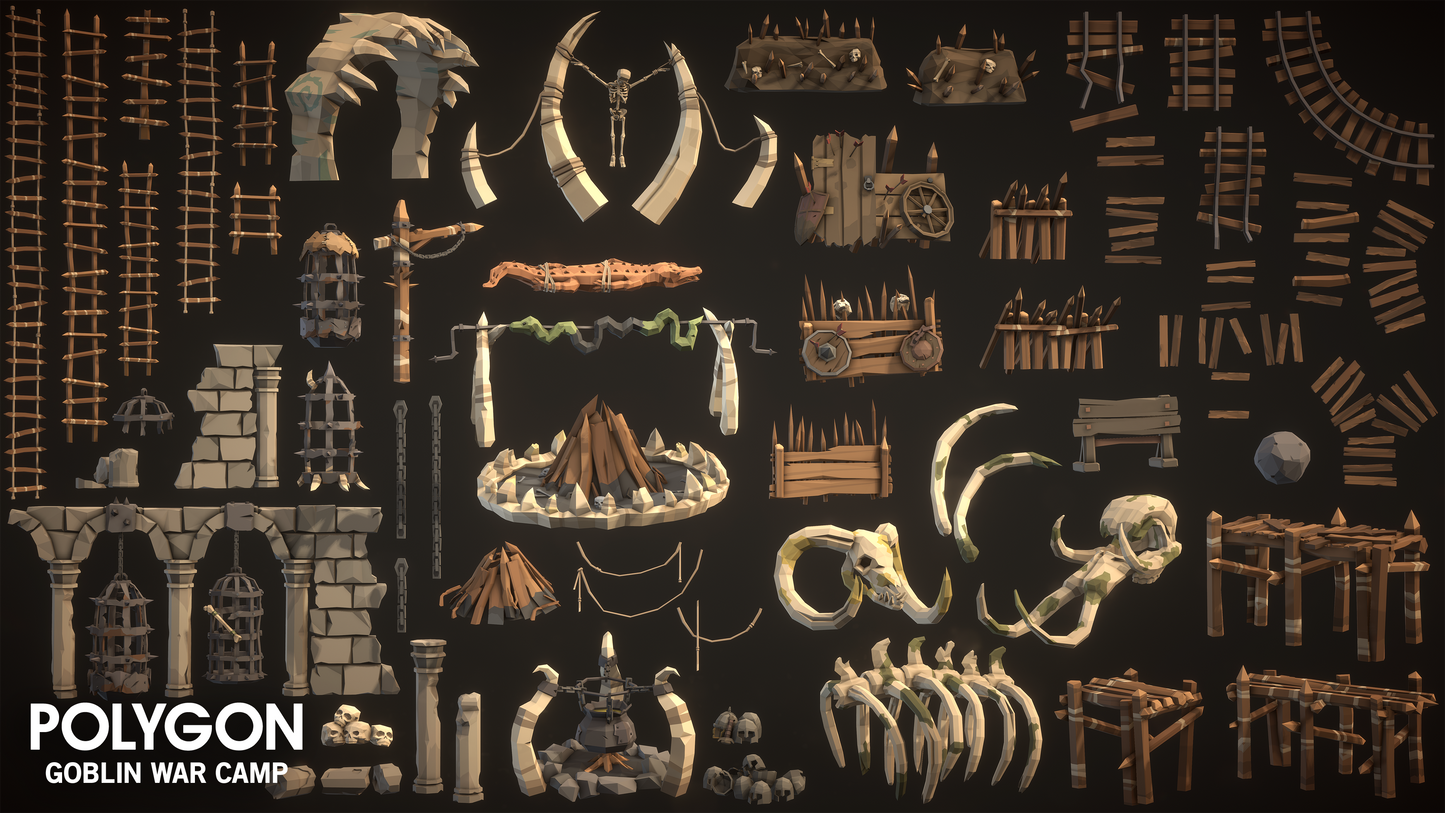 Goblin War Camp 3D prop assets featuring cages, benches, walkways , head spikes, ladders, braziers and more