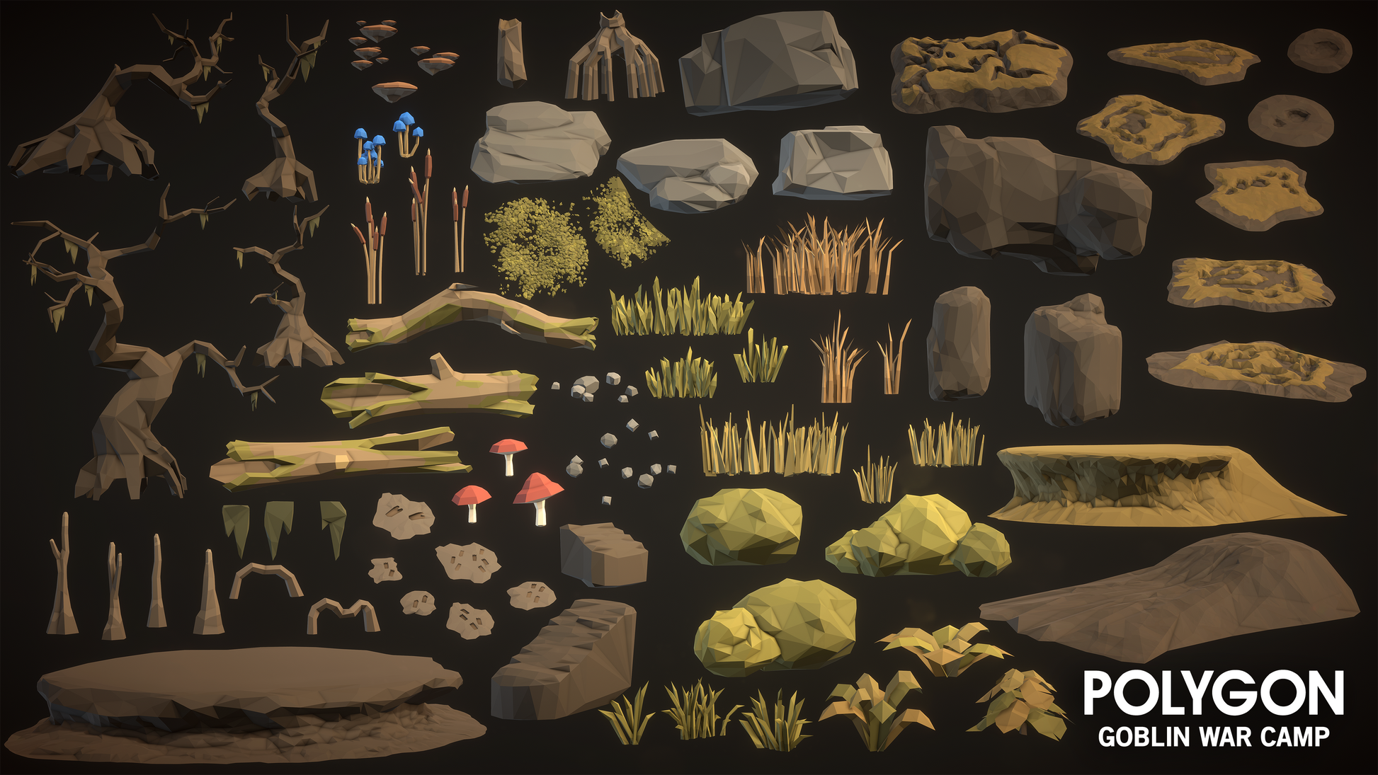 Goblin 3D game environment assets including rocks, algae, mushrooms, pebbles, reeds, stumps and roots