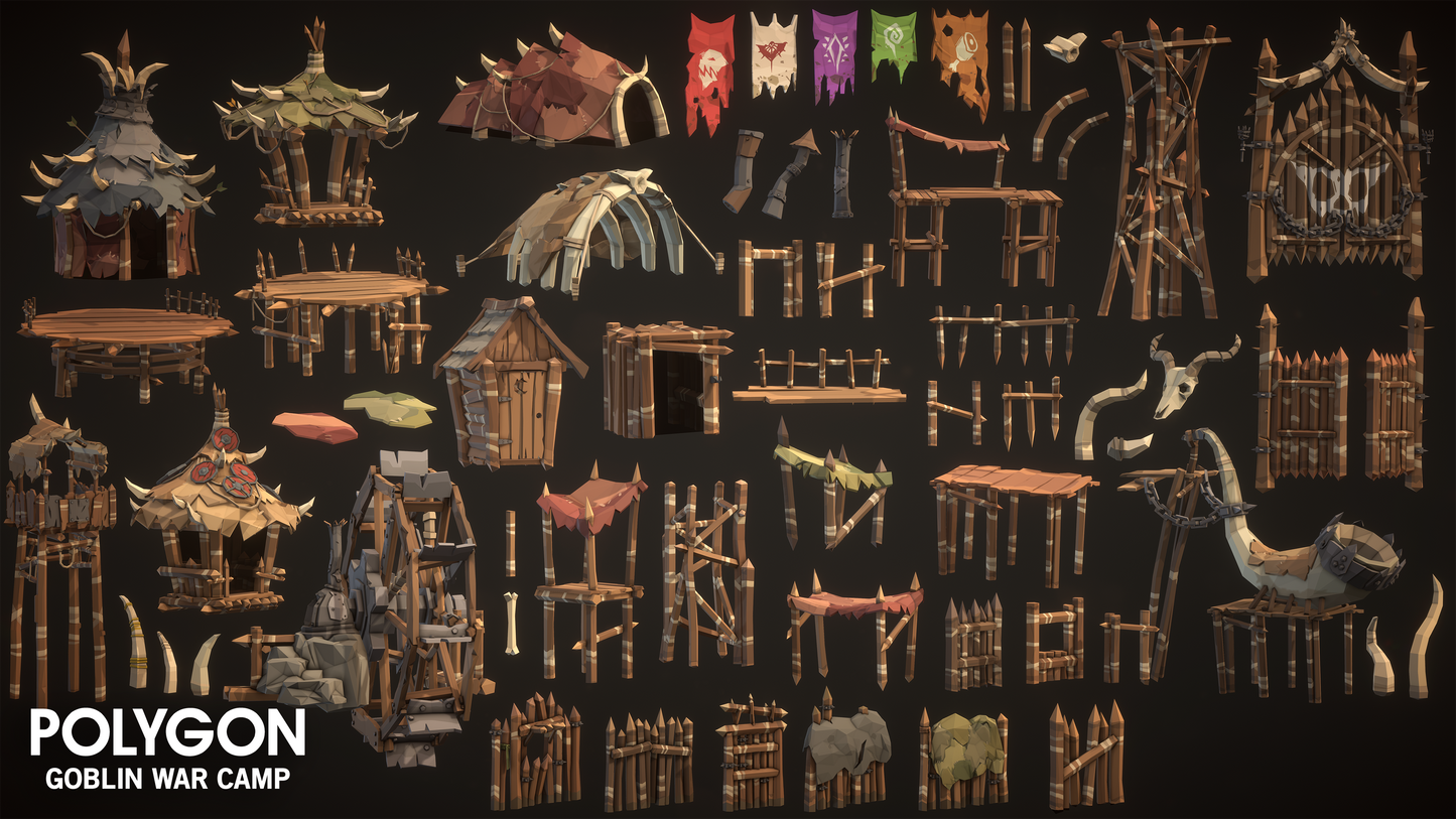 Goblin buildings and war camp enhancements including war horns, guard towers, walls, gates and huts