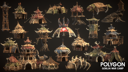 Wood and bone goblin buildins for 3D game designers featuring banners, stilts, thatch roofs, palisade walls, banners and glyphs