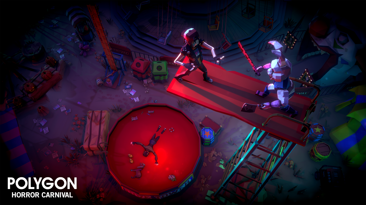 A large rabbit holding a sword and a hatchet approaches a person backing away on a high dive board where a pool of blood is directly underneath them