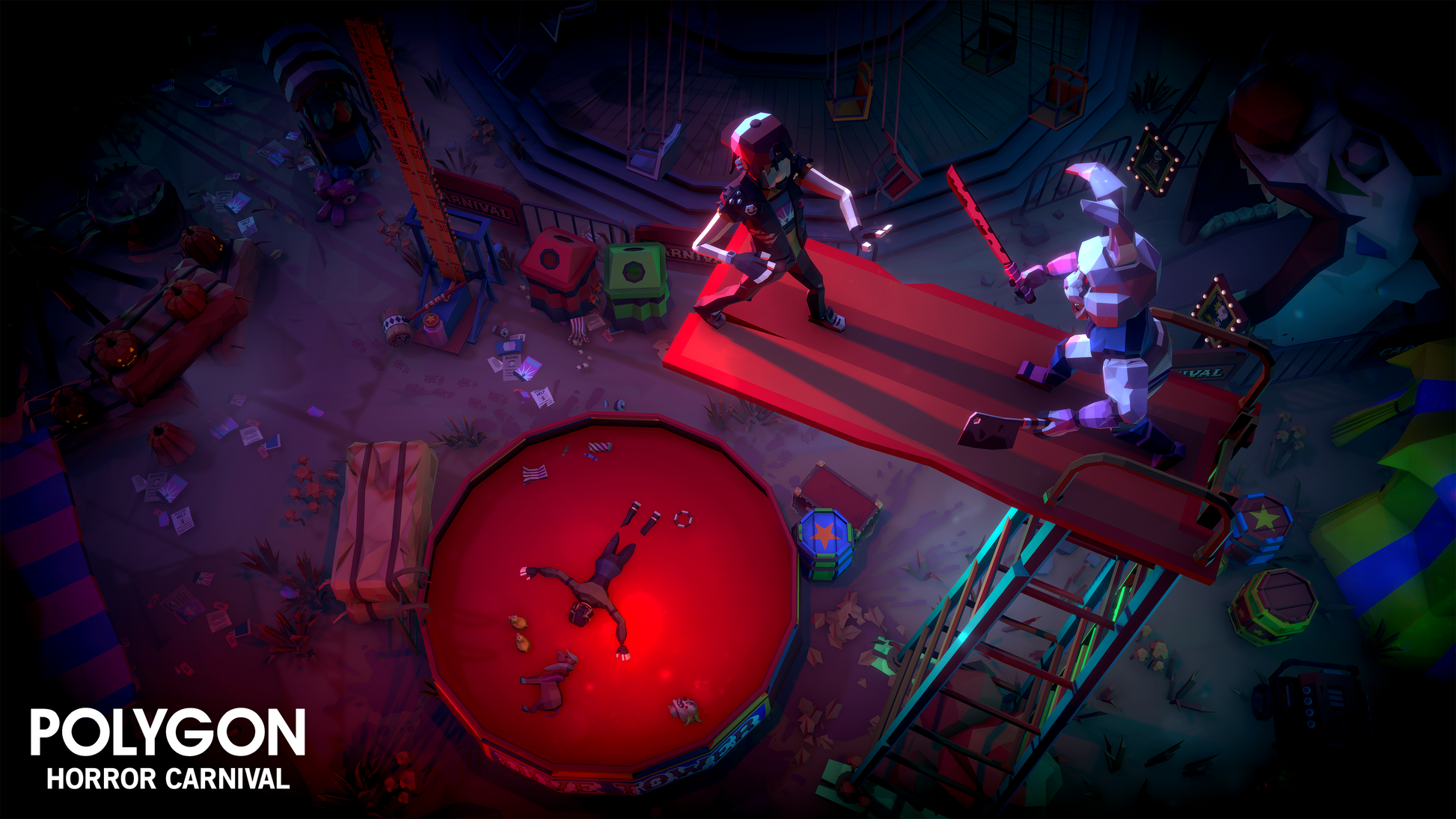 A large rabbit holding a sword and a hatchet approaches a person backing away on a high dive board where a pool of blood is directly underneath them