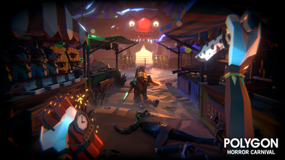 First person view of a 3D character walking towards a victim inside of a carnival tent holding a knife and an explosive device