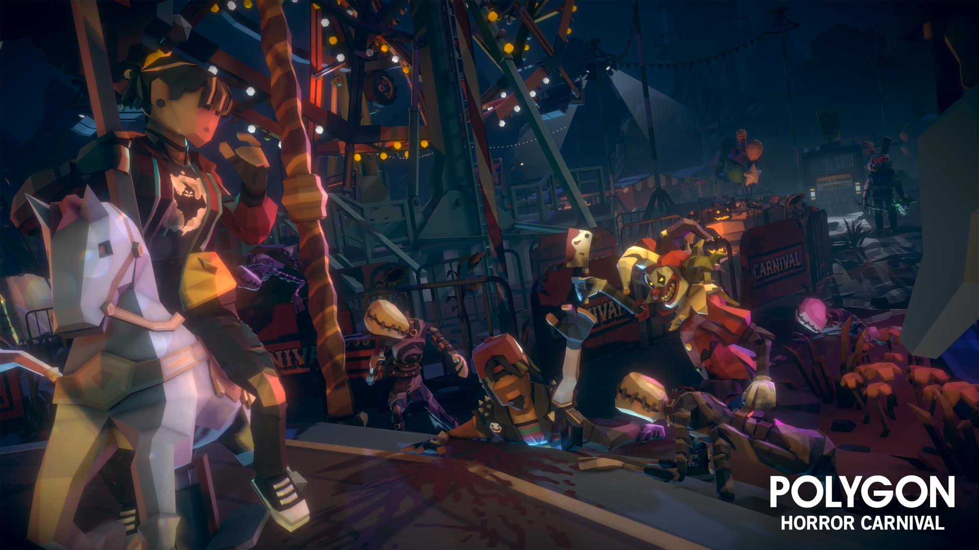 Horror 3D characters surrounding a person on the floor dragging themselves up onto a carnival carousel where a female figure looks on terrified while on the ride's horse