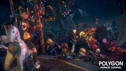 Horror 3D characters surrounding a person on the floor dragging themselves up onto a carnival carousel where a female figure looks on terrified while on the ride's horse