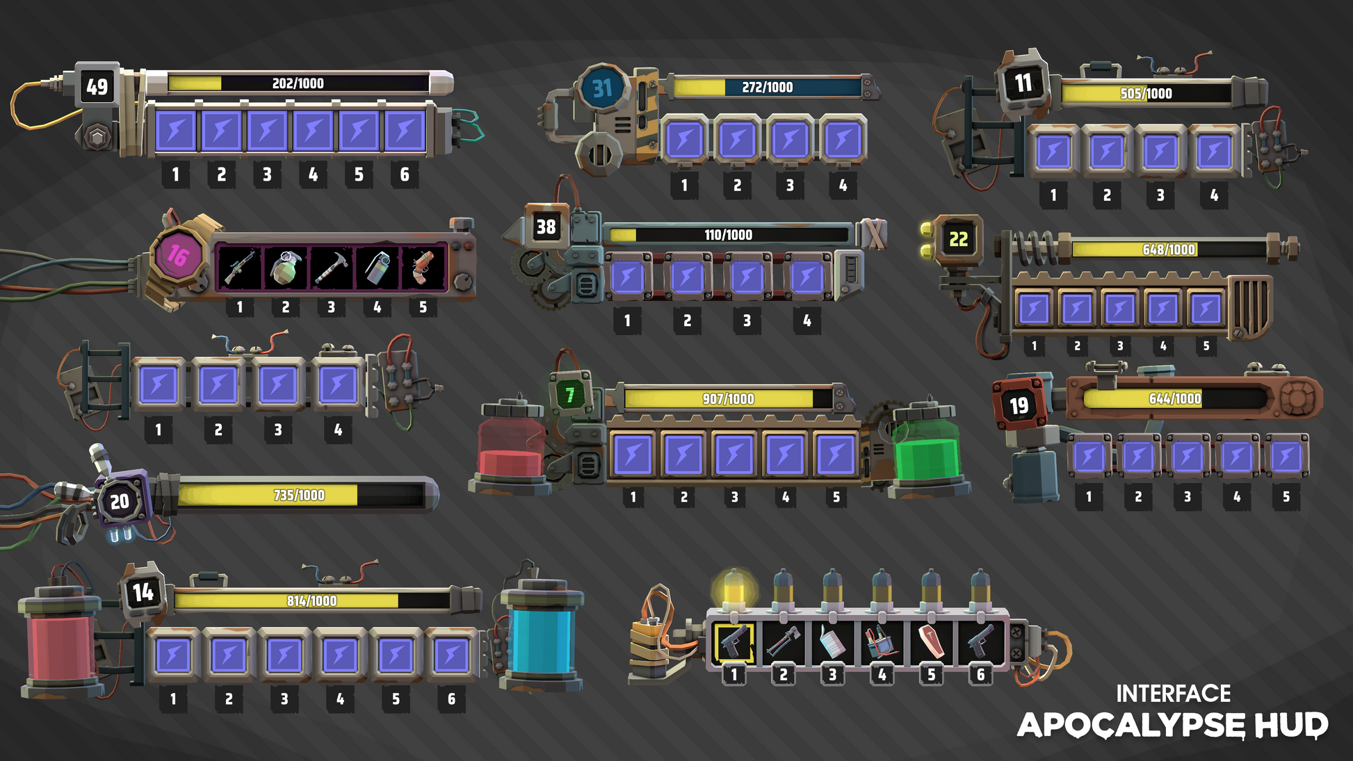 Inventory interface and counter sprite examples from the INTERFACE Apocalypse HUD UI asset pack