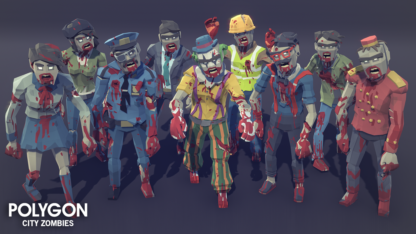 Low poly zombie game characters and skin options