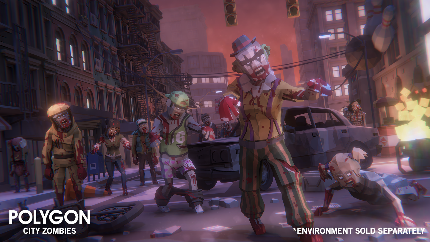 A low poly city overun with zombies