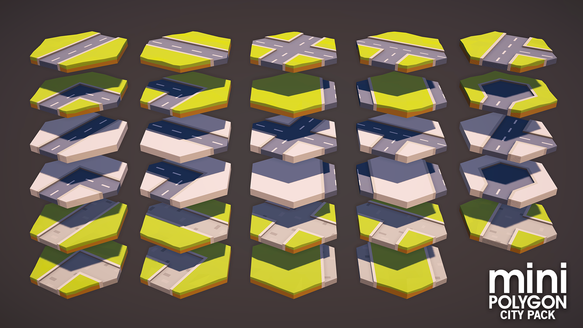 Hexagon shaped Road, Path and Base tiles for building out the floor levels of a mobile city game