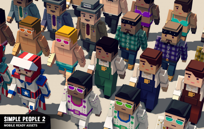 Close up view of character assets from the Simple People 2 asset pack showcasing different clothing options