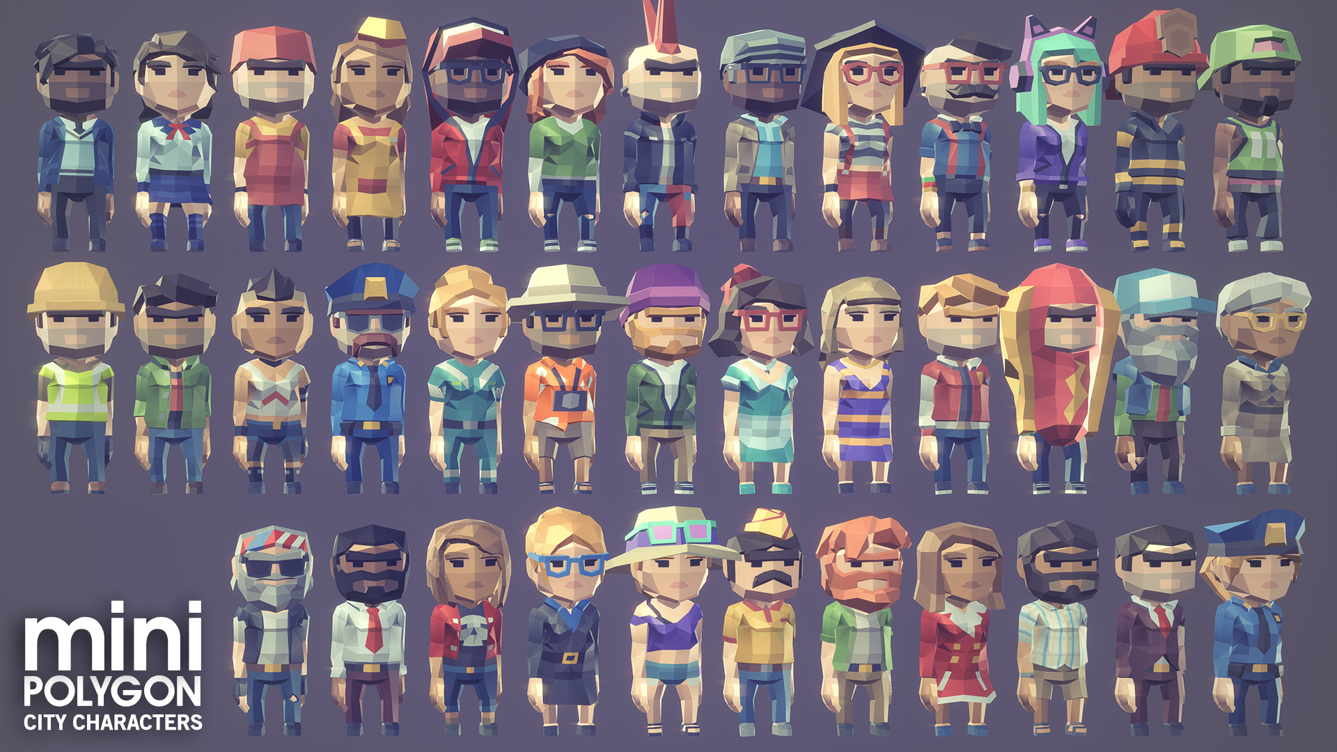 POLYGON Mini City Character examples including policemen, shop keepers, workers, school kids and families