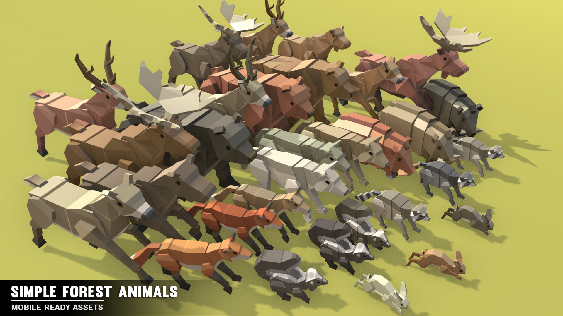 Simple Forest Animal asset examples grouped together showcasing all of the animal options from the 3D game asset pack