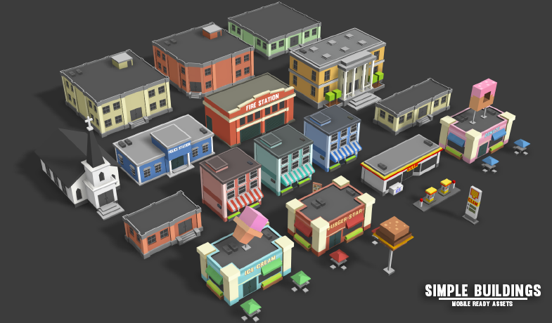 16 building assets from the Simple Buildings Cartoon City pack