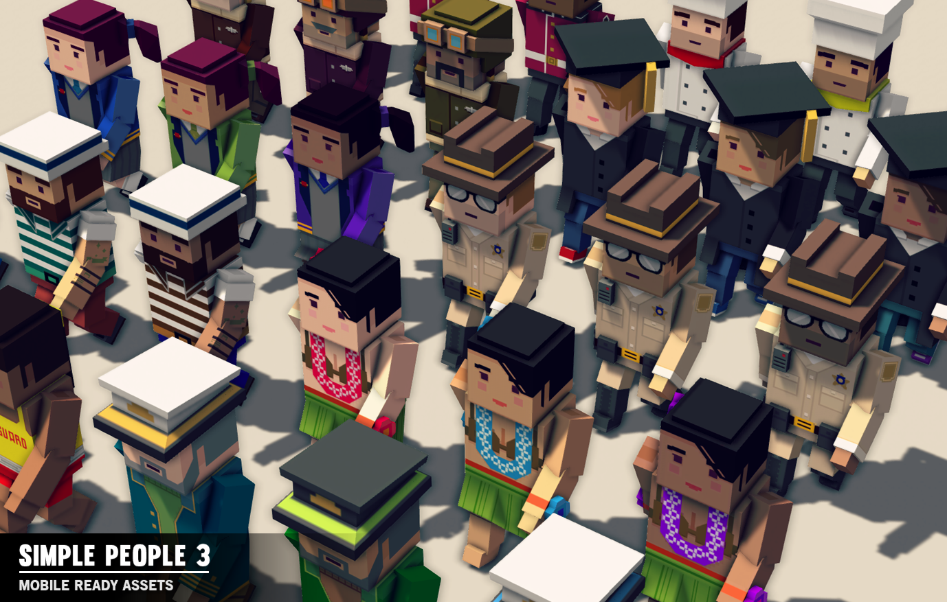 Close up view of 3D characters from the Simple People 3 cartoon game asset pack