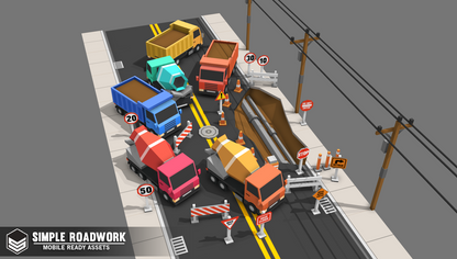 Aerial view of construction vehicles parked near a roadwork site with pipes visible under the street