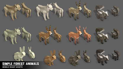 Low poly forest animal assets including skunks, wolves and deer