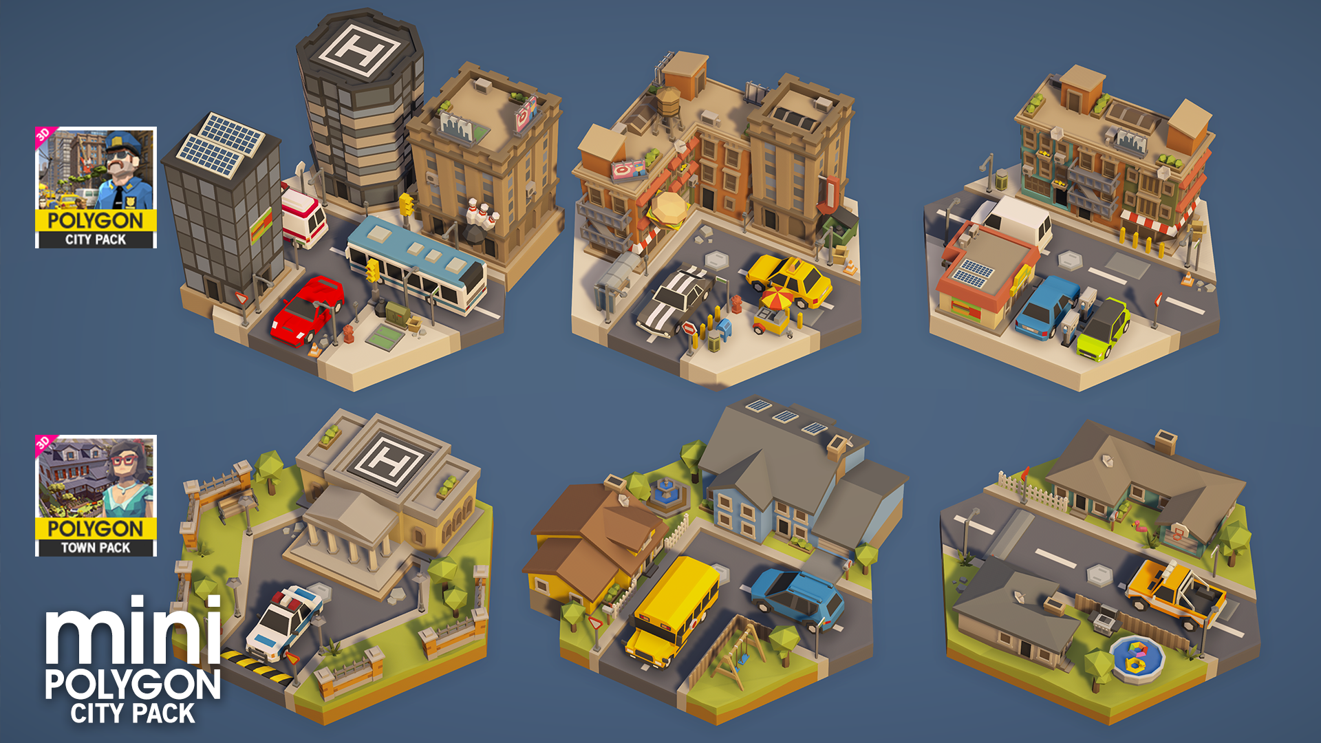 POLYGON Mini City Pack includes miniature versions of the 3D assets found in POLYGON City Pack and POLYGON Town Pack