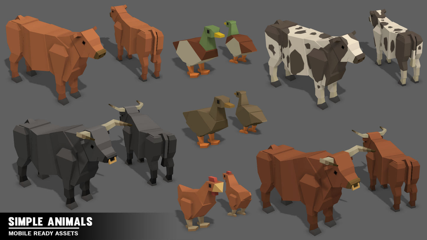 3D low poly cows, ducks and chickens for farm games