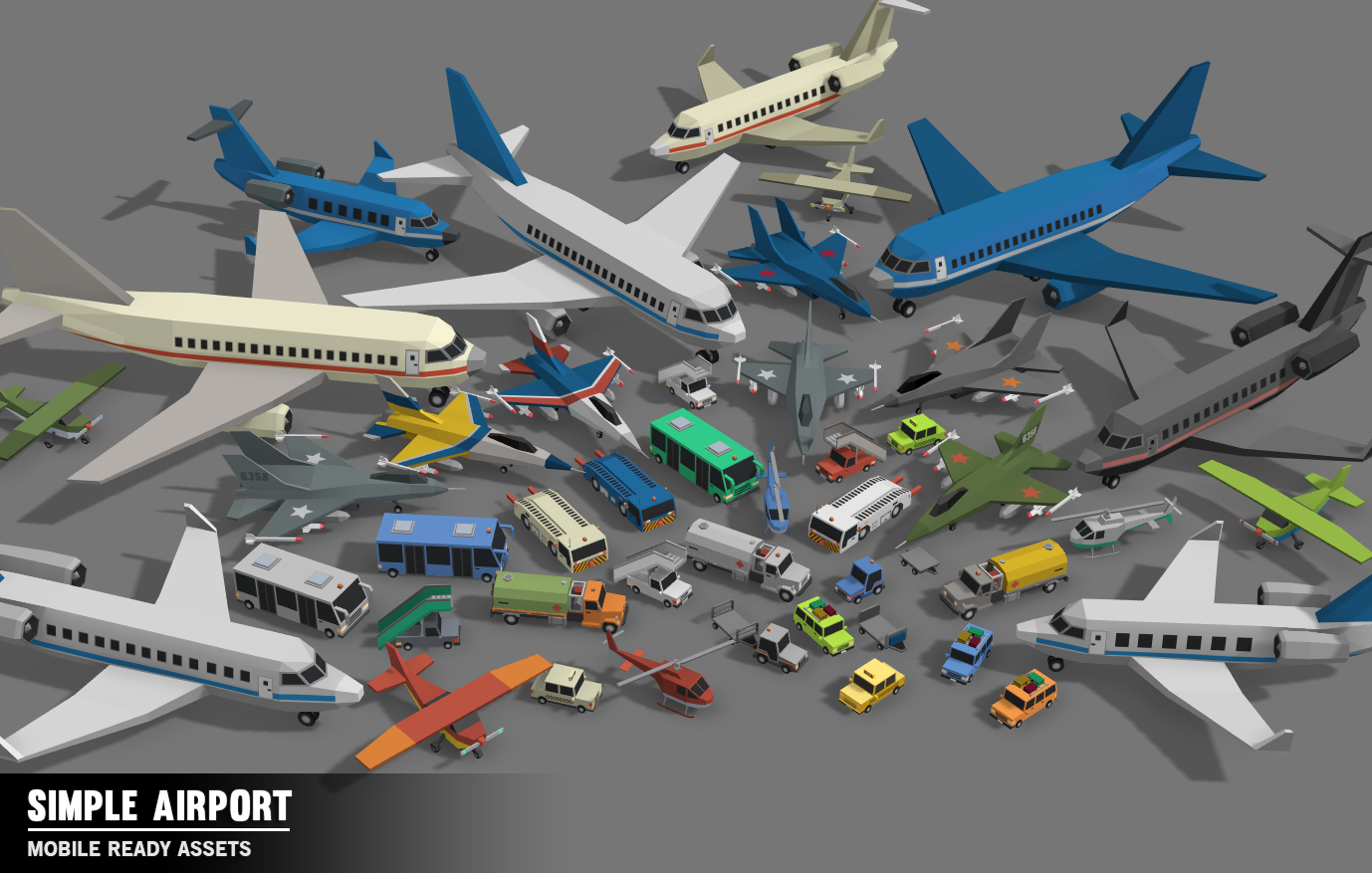 Airplane and airport ground vehicle game asset examples from the Simple Airport Pack