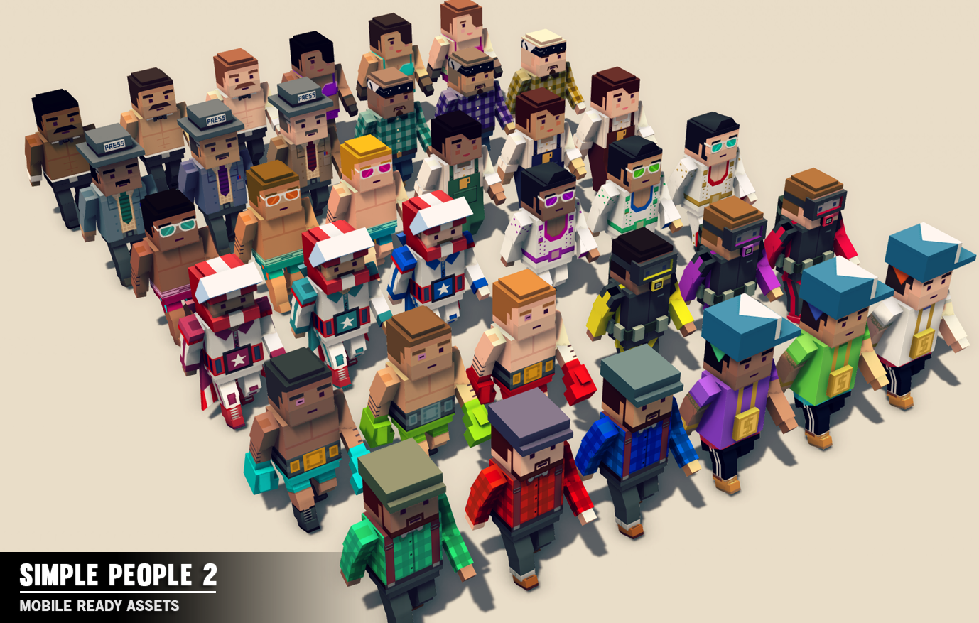 Three variations for each character in the Simple People 2 game asset pack