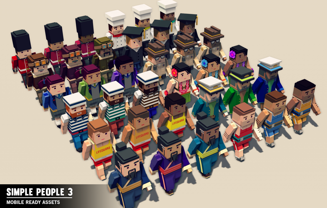 Simple People 3 characters standing together in a group showcasing three variations in outfits for each asset