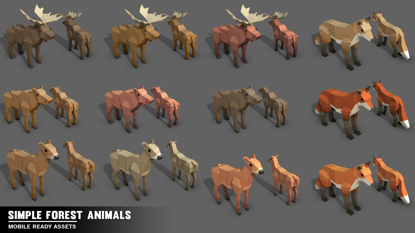 Forest animal game assets including deers, foxes and moose