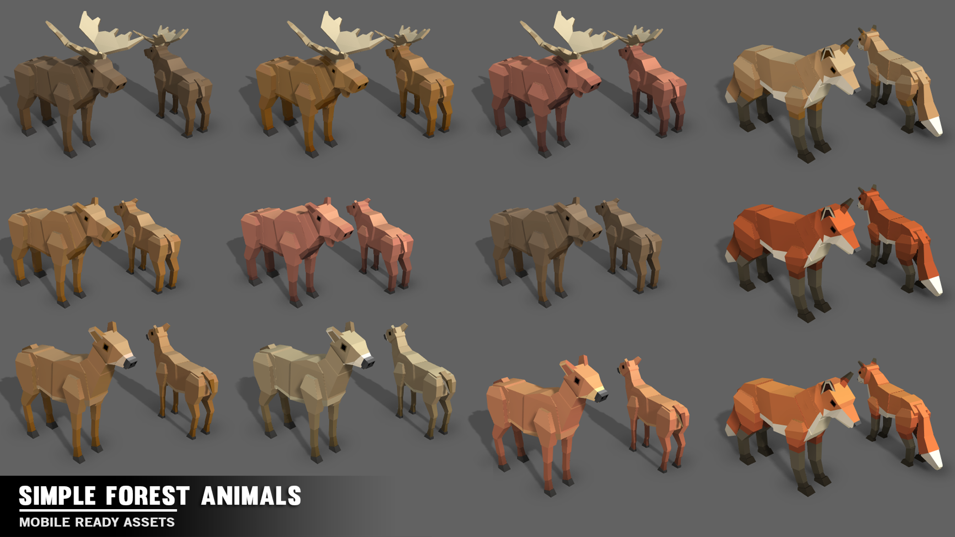 Forest animal game assets including deers, foxes and moose