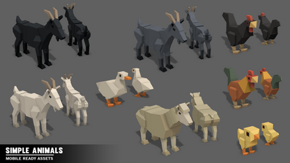 Goats, sheep, rooster and chicken animal assets for 3D low poly farm games