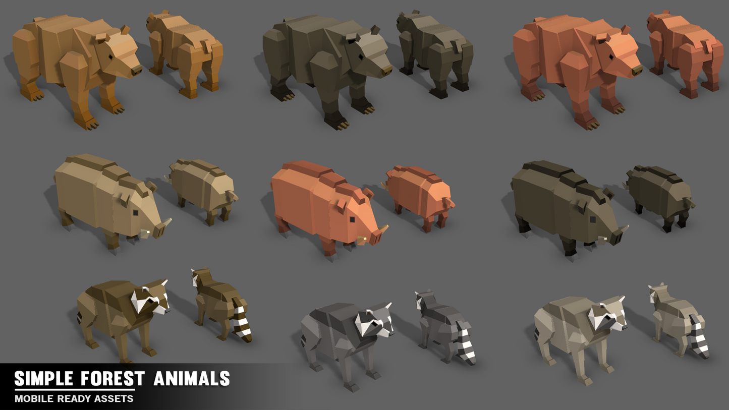 Forest animal character assets including racoons, boars and bears