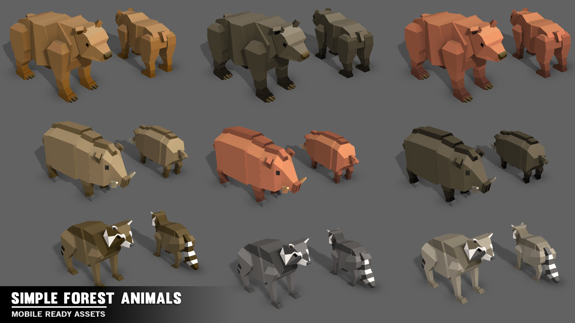 Forest animal character assets including racoons, boars and bears