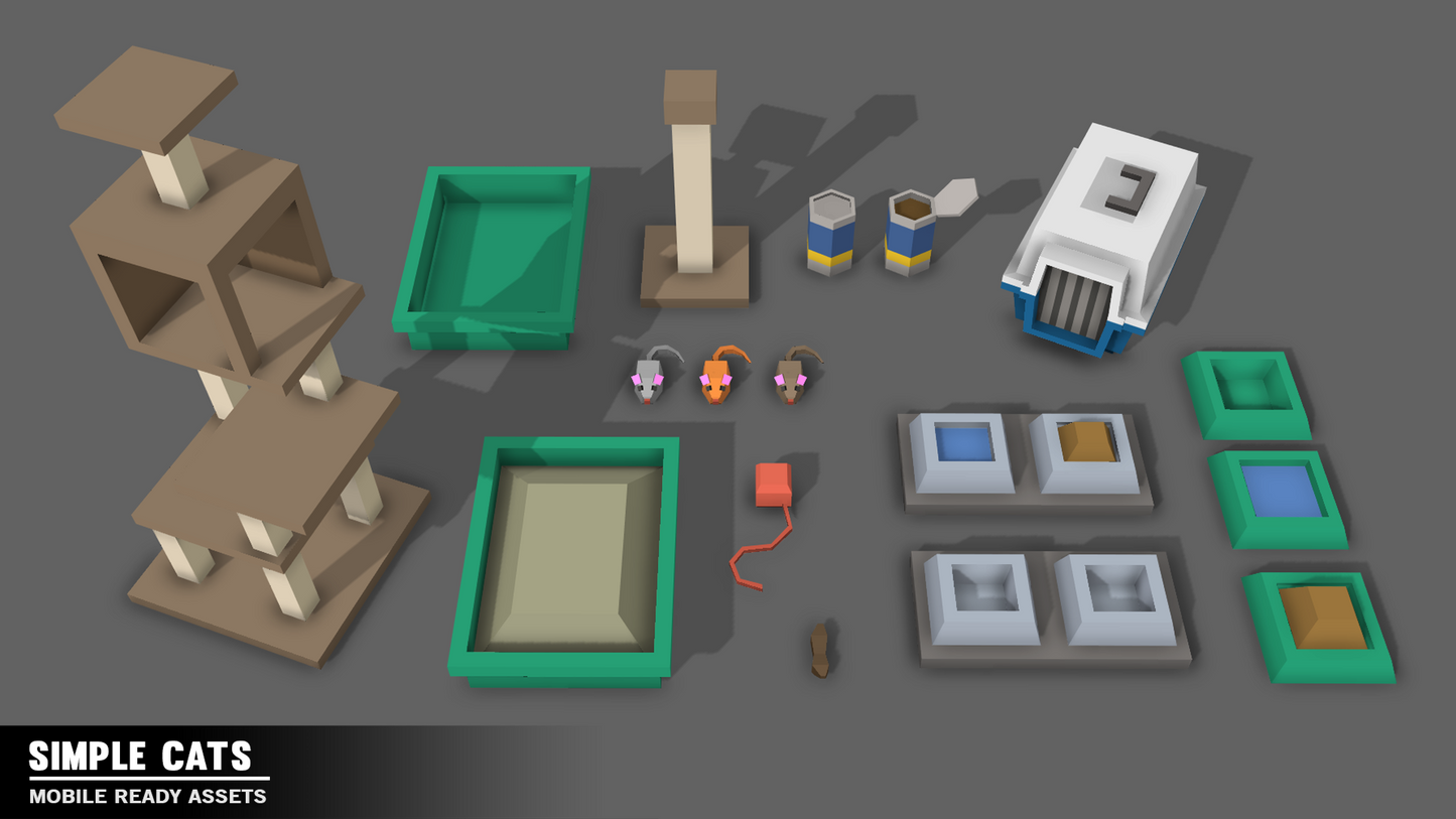 Prop game assets for cats including cat trees, litter trays, toy mice and yarn