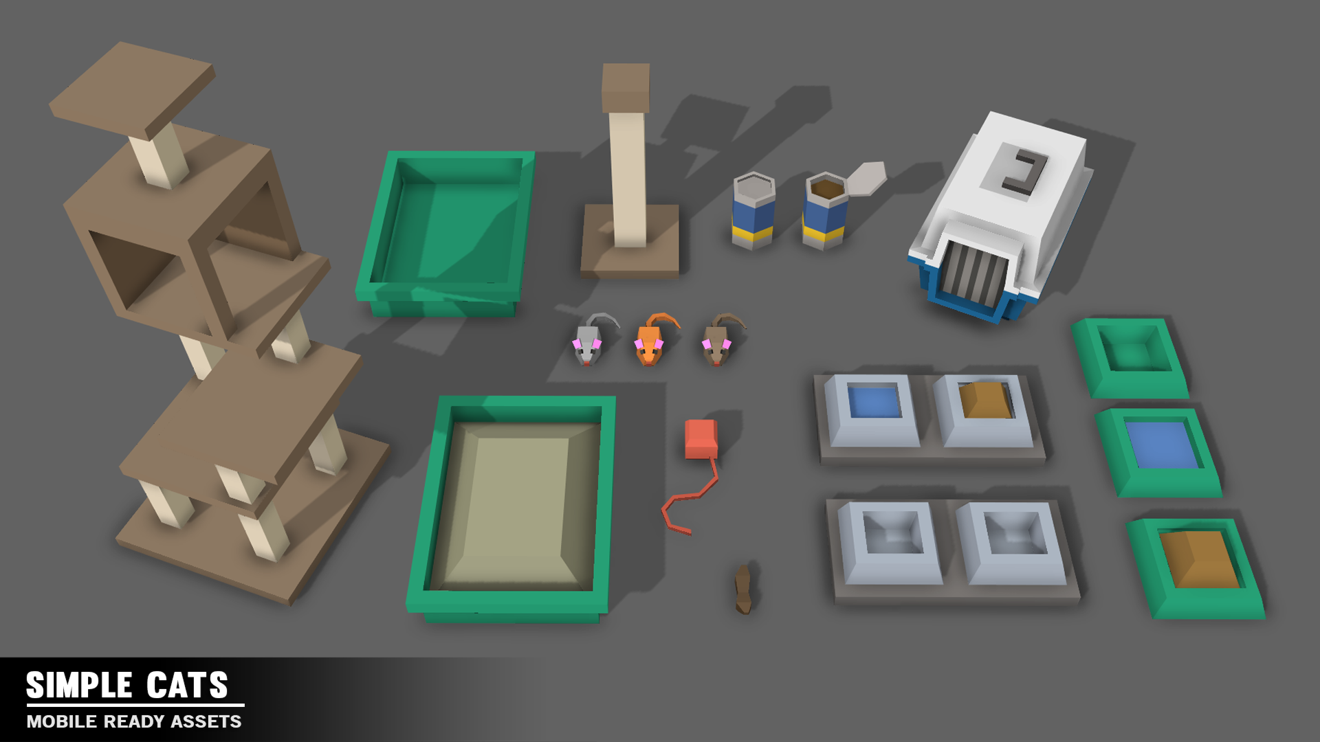 Prop game assets for cats including cat trees, litter trays, toy mice and yarn