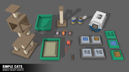 Prop game assets for cats including cat trees, litter trays, toy mice and yarn