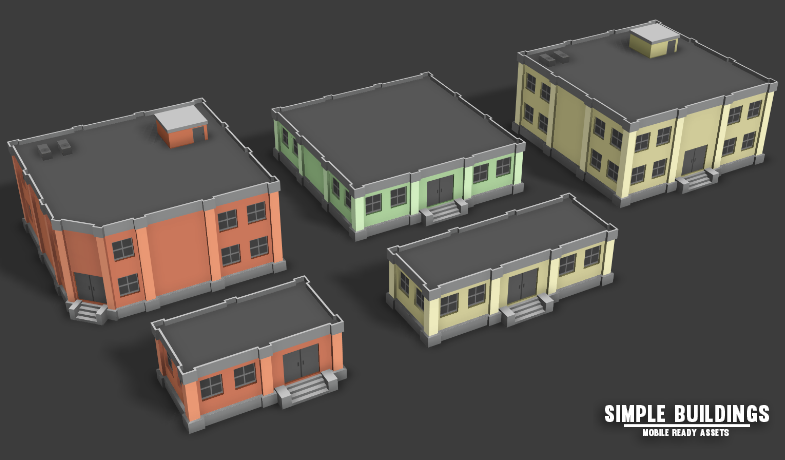 Five generic buildings with three colors each