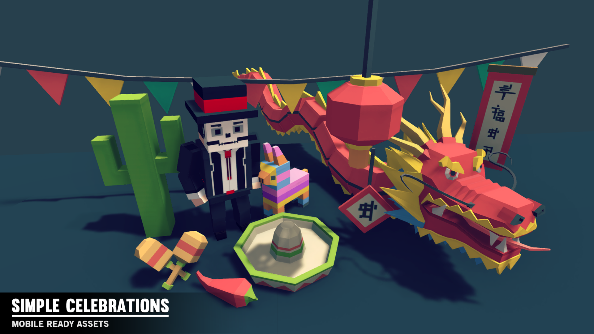  Cinco De Mayo and Chinese New Year low poly game assets