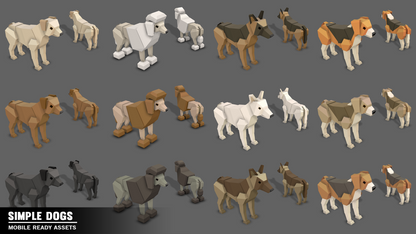 Simple Dogs Cartoon Animals assets including poodles.  German shepherds and beagles