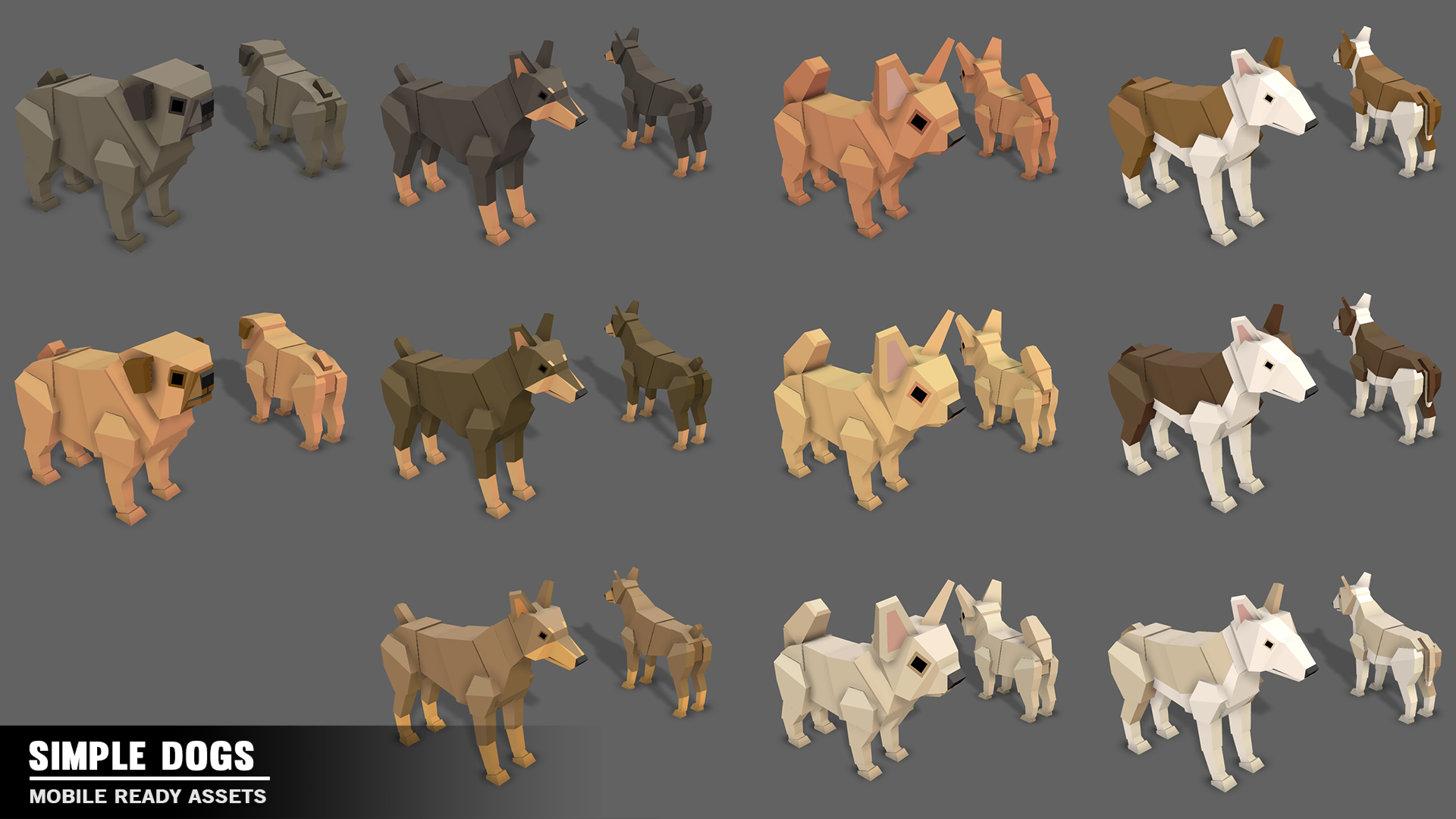 Simple Dogs Cartoon Animals assets including bull terriers, pugs and dobermans