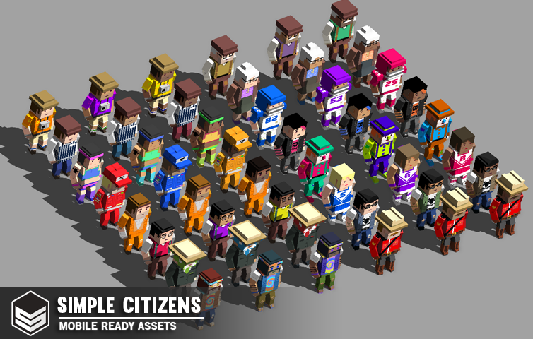 Character assets standing together in a group showcasing different attire options for each model